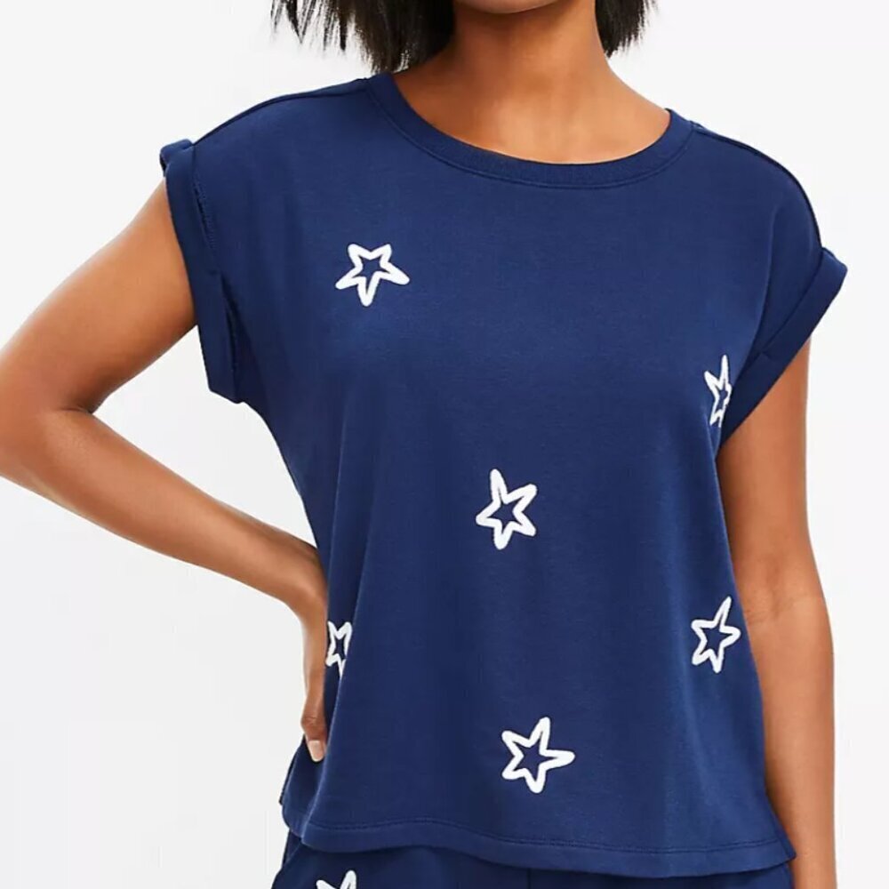 LOFT Lou & Grey Navy Blue White Star 4th July Cozy Cotton Terry Sweatshirt Tee M